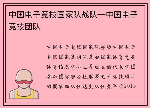 中国电子竞技国家队战队—中国电子竞技团队